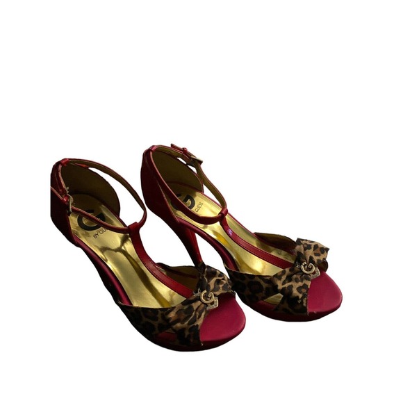 Guess Open-Toed Strappy Pink Red and Leopard Print GG Harty High Heels Women 7 M - Picture 1 of 8